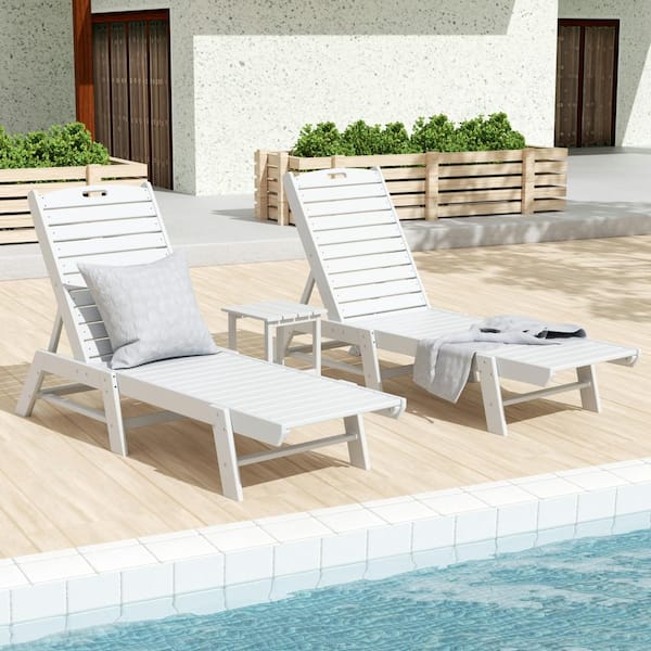 Laguna White 3-Piece All Weather Fade Proof HDPE Plastic Outdoor Patio Reclining Chaise Lounge Chairs and Side Table Set