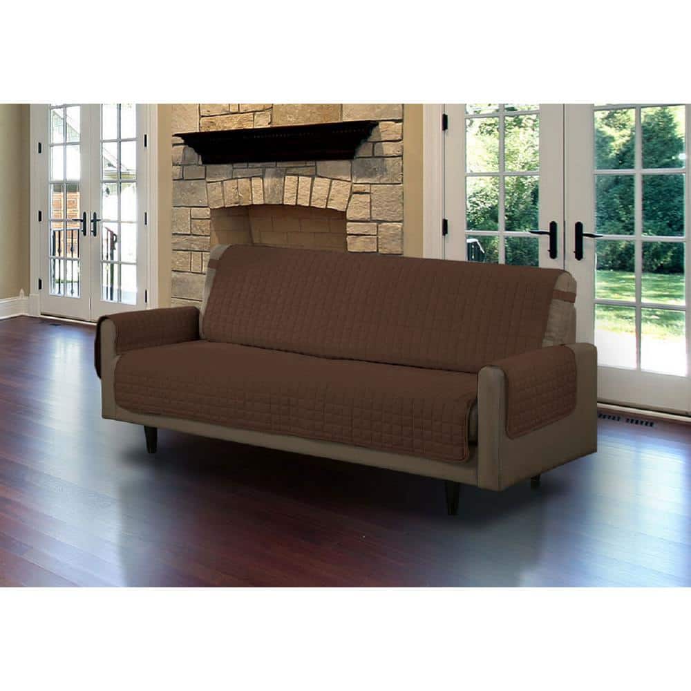 Brown Microfiber Sofa Pet Protector Slipcover with Tucks and Strap LS