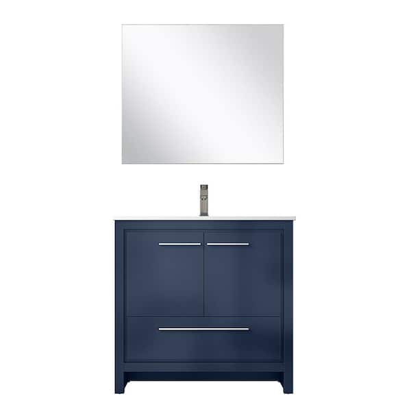 Clairo 36 in. W x 20 in. D Navy Blue Bath Vanity with White Quartz Top, Chrome Faucet Set and 28 in. Mirror