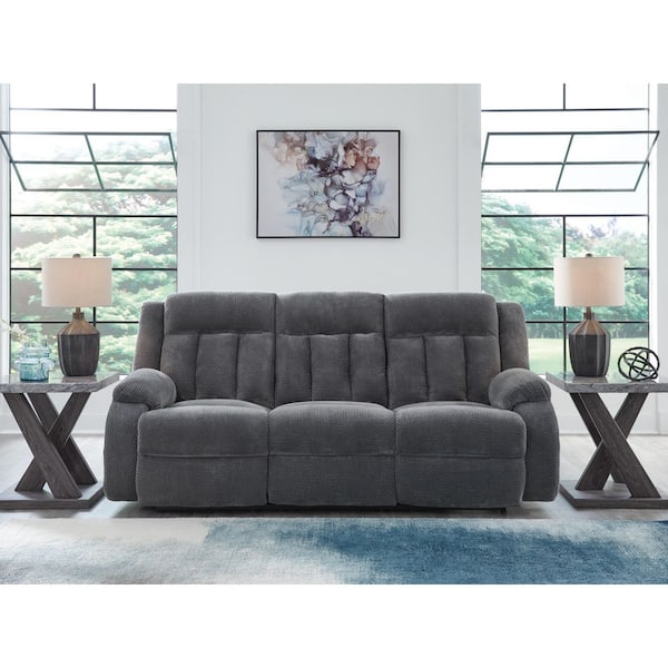 Free Wake 85 in. Pillow Top Arm Velvet Rectangle Power Reclining Sofa in Gray with USB Port and Cup Holder