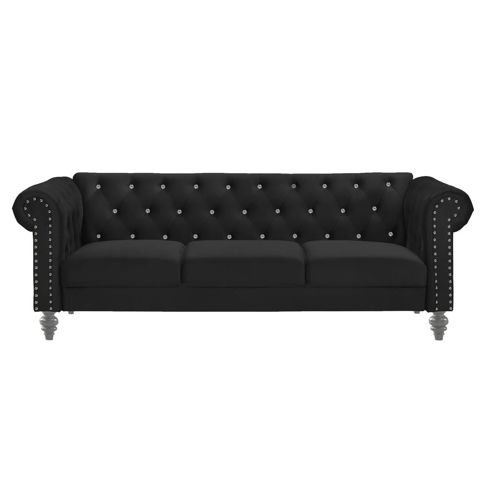 Emma Black Velvet Loveseat and Sofa Set with Silver Accents