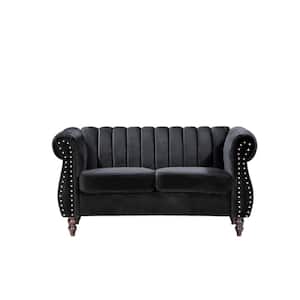 Louis 59.1 in. Black Channel Tufted Velvet 2-Seats Loveseat with Nailheads