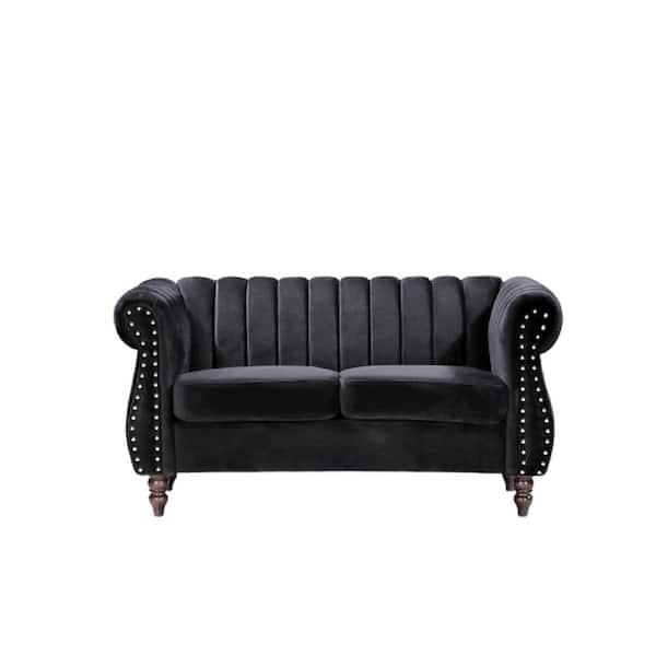 US Pride Furniture Louis 59.1 in. Black Channel Tufted Velvet 2-Seats Loveseat with Nailheads