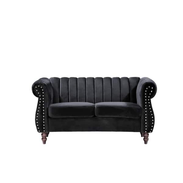 US Pride Furniture Louis 59 in. Black Channel Tufted Velvet 2-Seat Loveseat with Nailhead Trim