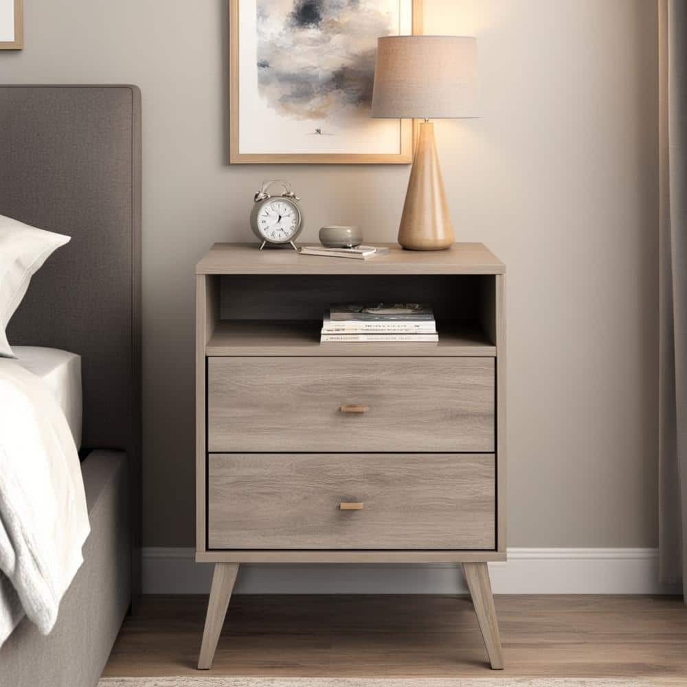 Prepac Milo 2 Drawer Tall Nightstand with Open Shelf Drifted Gray