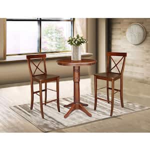 Espresso Solid Wood 30 in. Round Pedestal Bar Height Table with 2-X-Back Bar Height Stools (3-Piece)