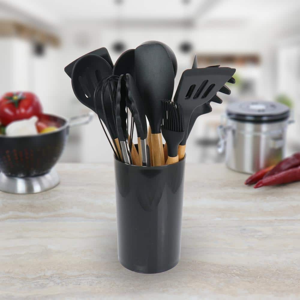 MegaChef 12 Piece Black Silicone and Wood Cooking Utensil Set
