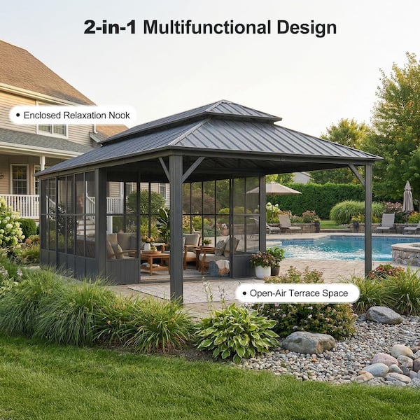12 ft. x 24 ft. Sunroom Hardtop Gazebo Solarium Galvanized Steel Double Roof Aluminum Screen House Patio Backyard Gray