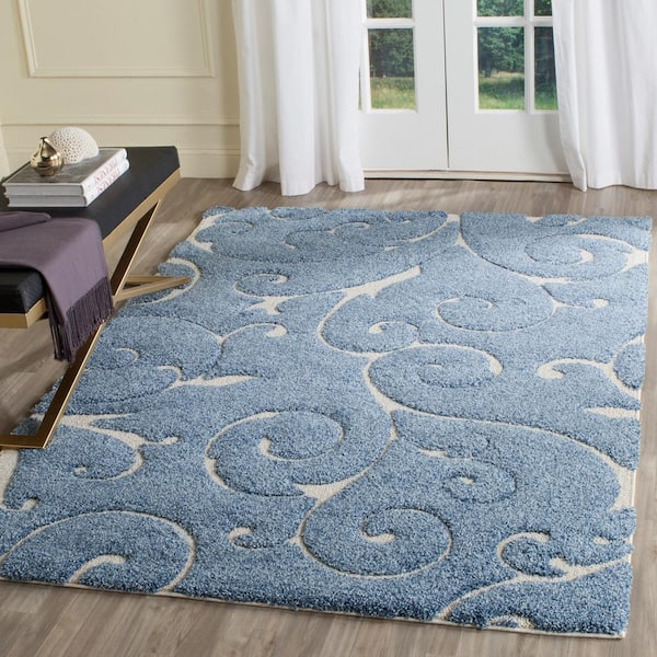 Florida Shag Light Blue/Cream 5 ft. x 5 ft. Square Floral Area Rug