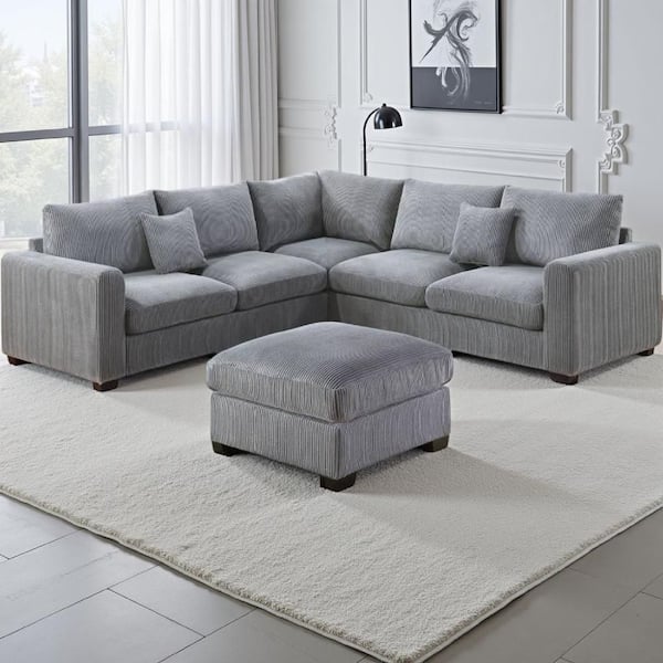 102 in. Round Arms Round Arm Corduroy L-Shaped Sectional Sofa and Storage Ottoman in Fog Gray