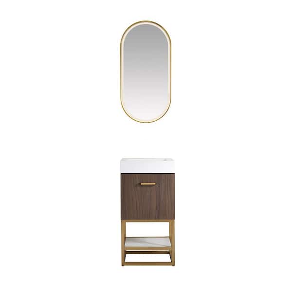 ROSWELL Toledo 18 in. W x 18 in. D x 34 in. H Single Sink Bath Vanity in Dark Walnut with White Composite Stone Top and Mirror