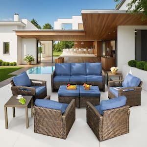 Nyajiah 9-Piece Wicker Patio Conversation Set with Blue Cushions