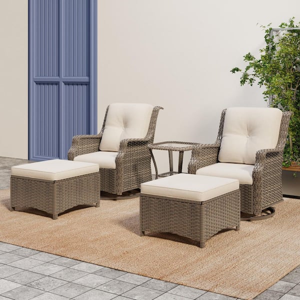 5-Piece Wicker Patio Lounge Chair Set with Swivel Rockers, Ottomans, and Glass Side Table and Beige Cushions Chat Set