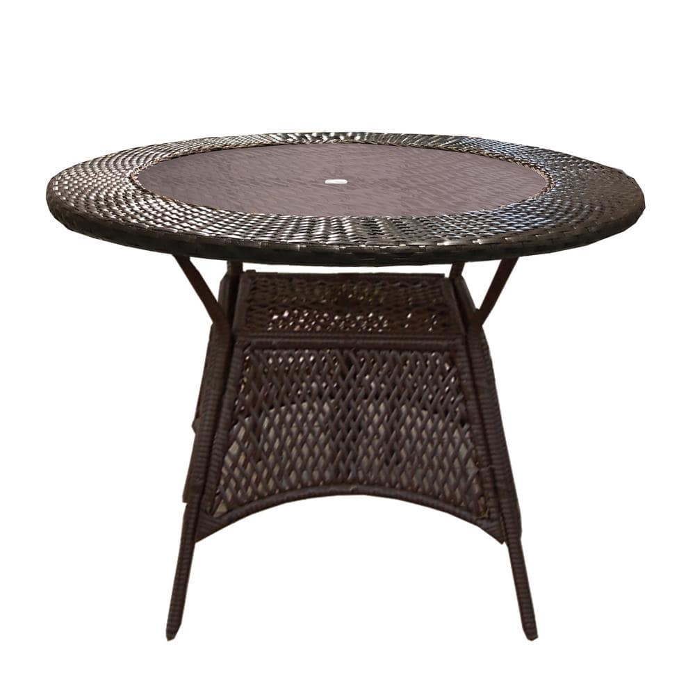 Oakland Living Brown Round Wicker Outdoor Patio Table with Glass Top