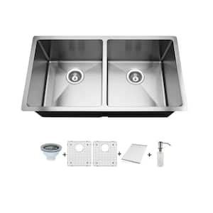 Undermount Stainless Steel 33 in. 50/50 Split Double Bowl Kitchen Sink
