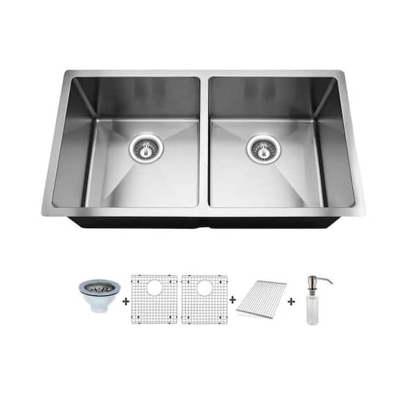 UKINOX Undermount Stainless Steel 33 in. 50/50 Split Double Bowl Kitchen Sink