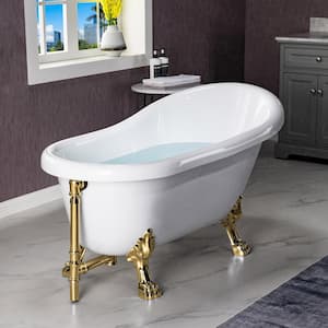 Eurek 54" Heavy Duty Acrylic Slipper Clawfoot Bath Tub in White,Claw Feet,Drain and Overflow in Polished GOLD