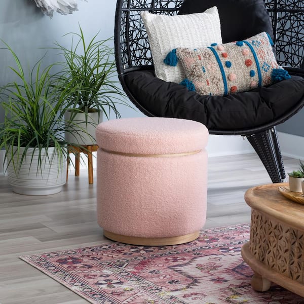 Linon Home Decor Savoy Blush Sherpa Fabric 18 Round Storage Ottoman, Blush Pink