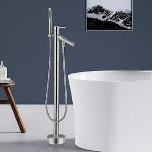 Single-Handle Floor-Mount Freestanding Tub Faucet Filler with Hand Shower in Brushed Nickel