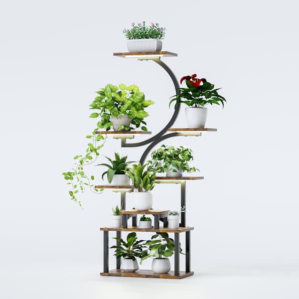 61.4 in. H Brown S-shaped MDF Indoor Plant Stand with 5GrowLights 8 Tiered Tall Plant Shelf 8-Level Stepless Dimming