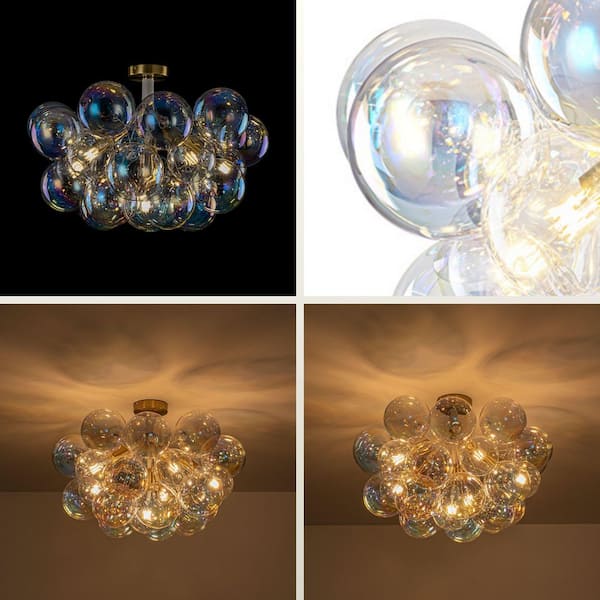 Alma 6-Light 24.8 in.W Brass and White Semi Flush Mount Chandelier with Rainbow Glass and LED Bulb Included for Kitchen