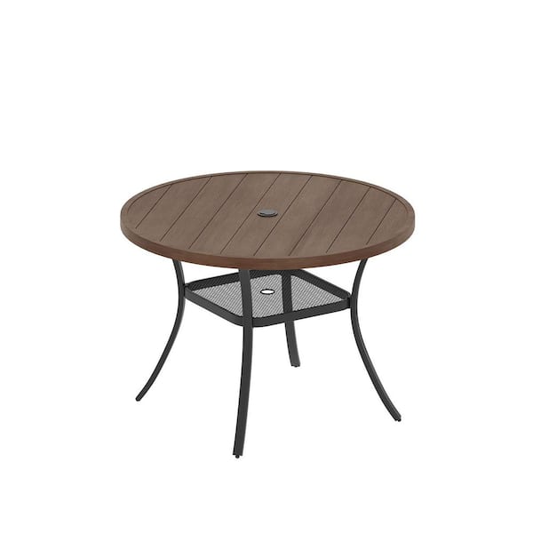 Brown Metal Outdoor Patio Round Dining Table with Adjustable Umbrella Hole for Deck Lawn Garden