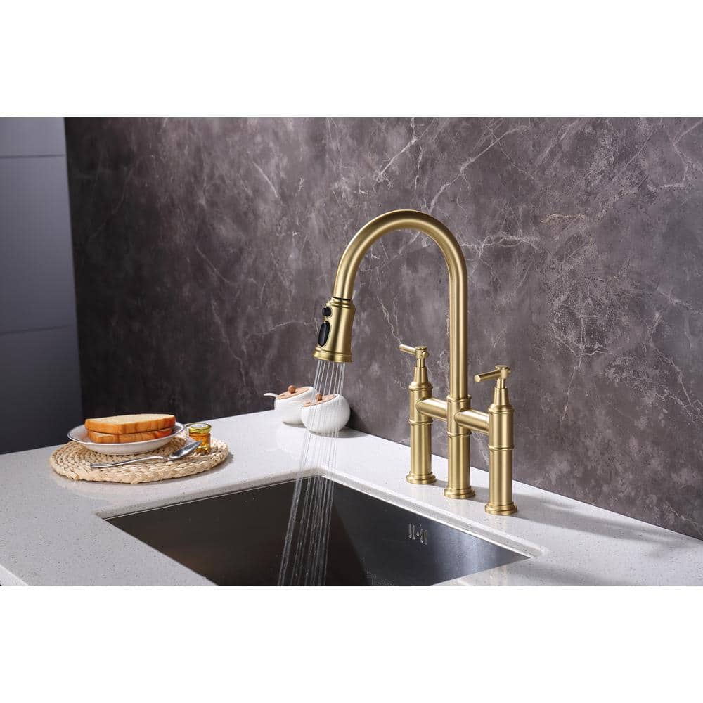 Brushed Gold Brass Bridge Kitchen Faucet with Pull-Out Spray