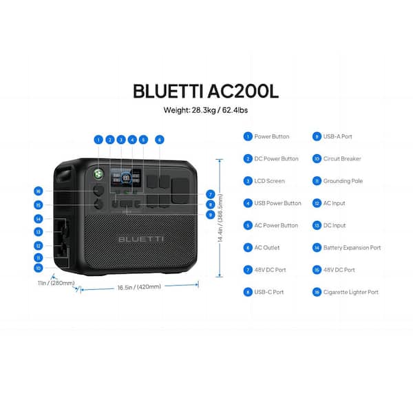 BLUETTI 2400/3600-Watt Continuous Peak Output Power Station AC200L Push Button Start LiFePO4 Battery Solar Generator for Outdoor