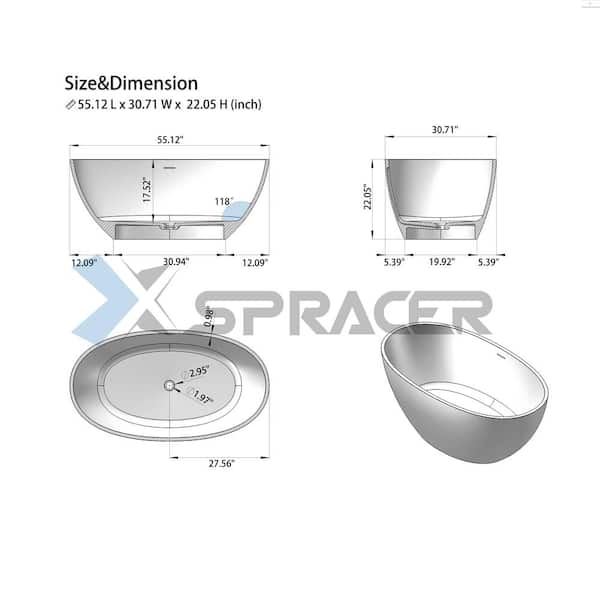 Foyil 55 in. x 31 in. Solid Surface Stone Resin Flatbottom Freestanding Bathtub Soaking Bathtub in Matte White