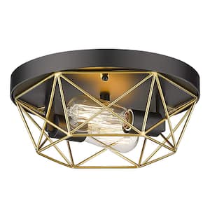12 in. 2-Light Black and Gold Brass Metal Cage Flush Mount