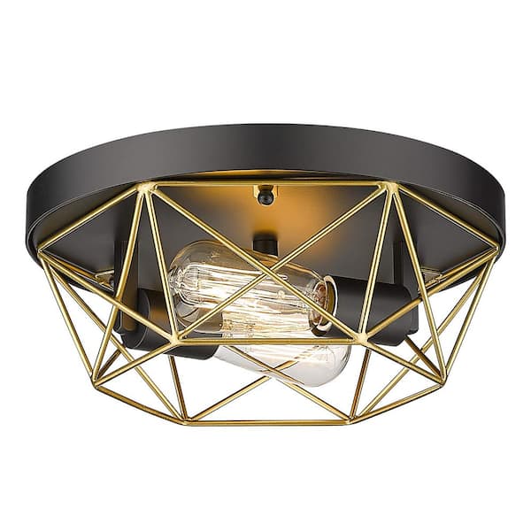 JAZAVA 12 in. 2-Light Black and Gold Brass Metal Cage Flush Mount