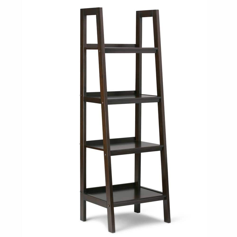 Simpli Home Sawhorse 72 in. H Dark Chestnut Brown Wood 4Shelf Ladder
