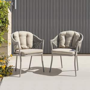 Stationary Aluminum Woven Rope Outdoor Dining Chair with Beige Cushions (2-Pack)