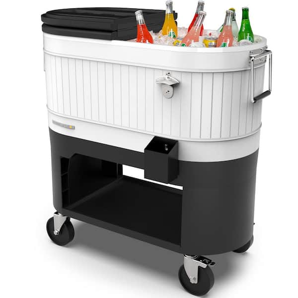 120- QT Outdoor Portable Patio Cooler Ice Chest with 2 Drink Dividers, Wheels, and Heavy-Duty Handles, White