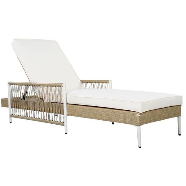 Beige 1-Piece Wicker Outdoor Chaise Lounge with Beige Cushions Durable Construction Easy to Install
