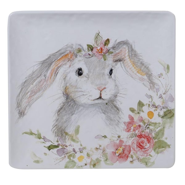 Certified International 12.5 in. Assorted Colors Sweet Bunny Multicolored Earthenware Square Platter