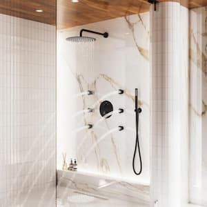 3-Spray 12 in. Wall Mount Rainfall Dual Shower Heads and Handheld Shower Head with 1.8 GPM 6-Body Spray in Matte Black