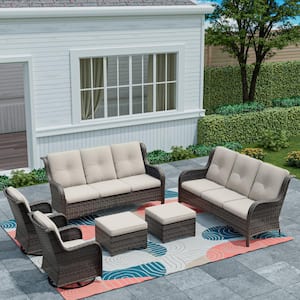 Brown 6-Piece Wicker Patio Conversation Set Rattan Seating Set with Beige Cushion