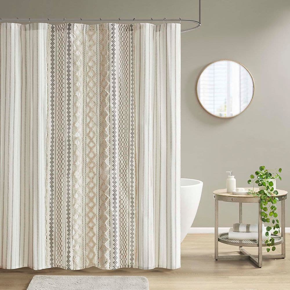 72 in. W x 72 in. L Cotton Shower Curtain in Ivory, Tufted Printed Chenille