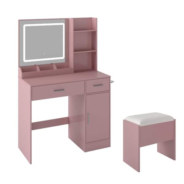 2-Piece Pink Makeup Vanity Set with LED Mirror, Charging Station and Stool durable construction