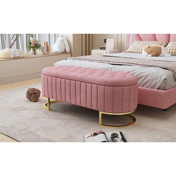 1-Shelf Pink Pantry Organizer with Pink Velvet Upholstered Ottoman, Foot Stool for Bedroom