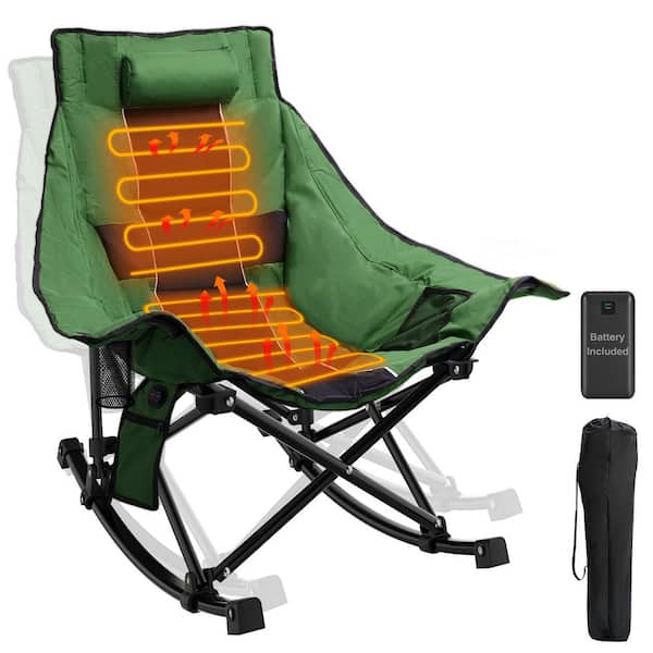 Green Oversized Heated Rocking Camping Chair, Portable Folding Heated Chairs Outdoor Sports with Power Bank