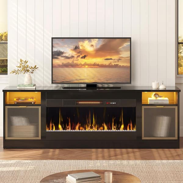 71 in. Freestanding Fireplace TV Stand for TVs Up to 80 in. with Ample Storage in Glossy Black