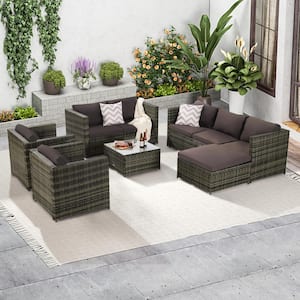 6-Piece Patio Furniture Set Sectional Sofa- Weather-Resistant Wicker with Tempered Glass Table, Dark Gray
