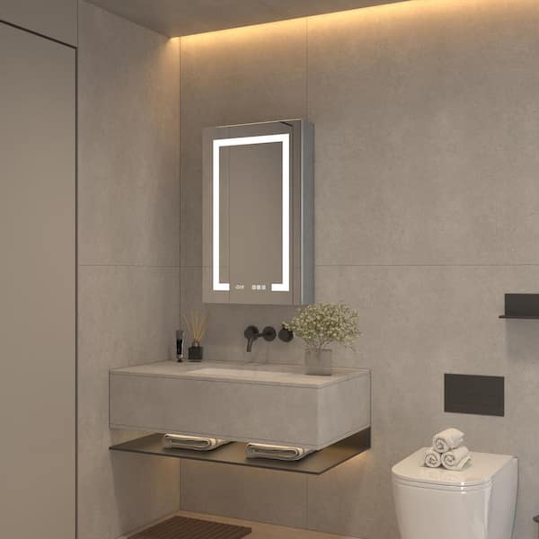 OLUMAT 20.1 in. W x 32 in. H Rectangular LED Anti-Fog Medicine Cabinet with Mirror, Open On The Left