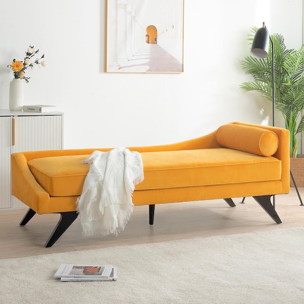 Cesicia Yellow Polyester Fabric Right Square Arm Reclining Chaise Lounge with Pillow