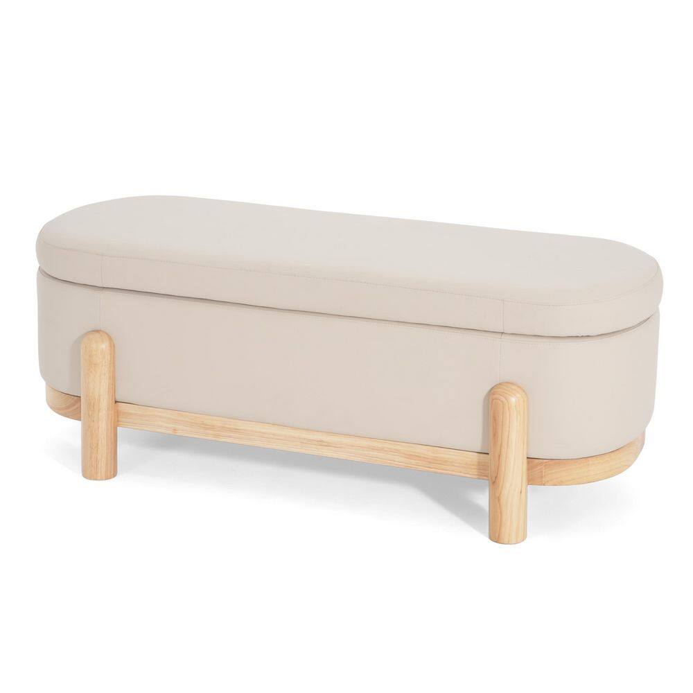 Baldwin Modern Beige Faux Leather Upholstered Oval Accent Ottoman Storage Bench, Natural Wood Legs