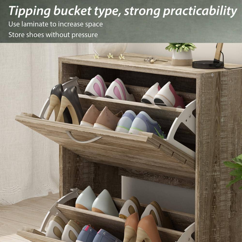 Natural Wood Shoe Storage Cabinet with Louver Doors and Flip Drawers