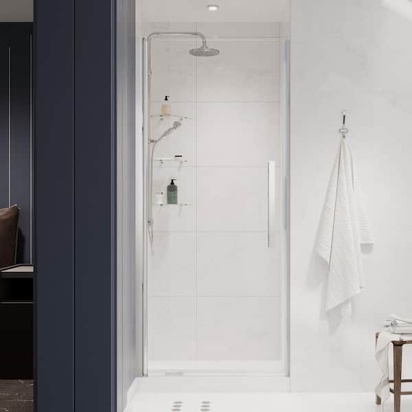 OVE Decors Pasadena 29-3/8 in. W x 72 in. H Pivot Frameless Shower Door in Chrome with Shelves