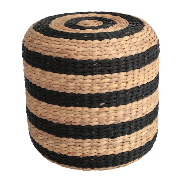 Aimee 15.7 in. H Natural/Black Modern Minimalist Alternating Hand-Woven Hyacinth Wicker Stool